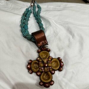 Handcrafted Cross Pendant Necklace - Turquoise and Bronze